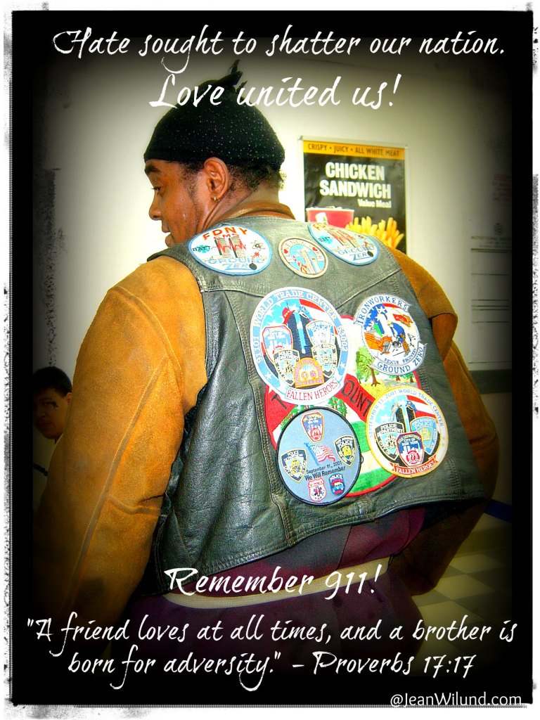 A 911 welder shows off his patches of brotherhood. (Prov. 17:17 -- Friendship & Brotherhood)