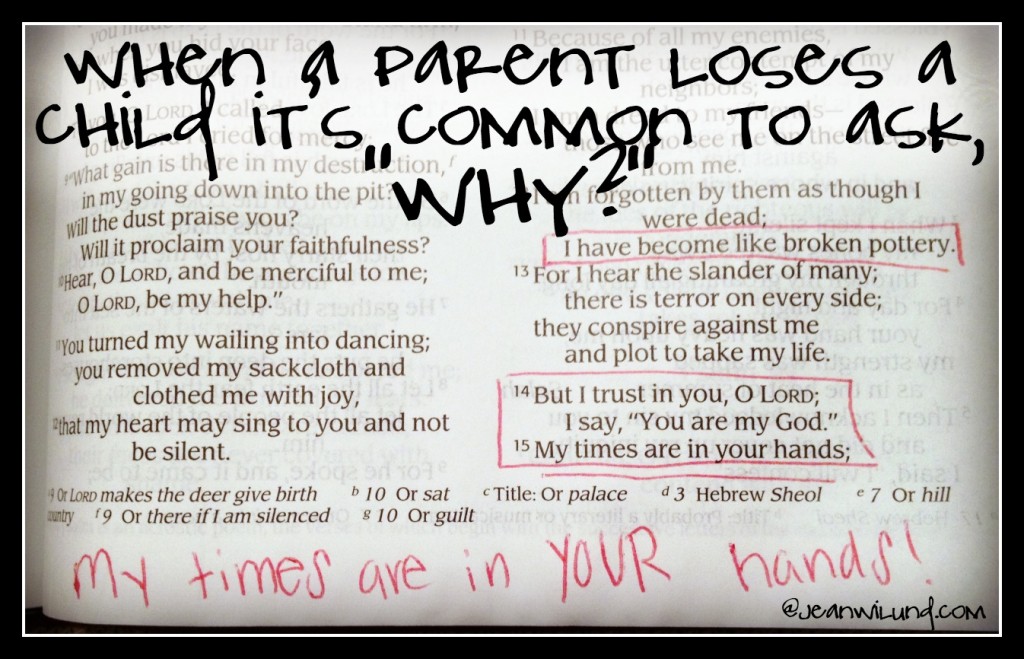 Click to read "When A Parent Loses A Child, It's Common to Ask "Why?" " by Traci Burns, a Mother Who Knows. Traci lost her daughter and offers others great comfort. My Times Are In Your Hands Psalm 31:15 (via www.JeanWilund.com)