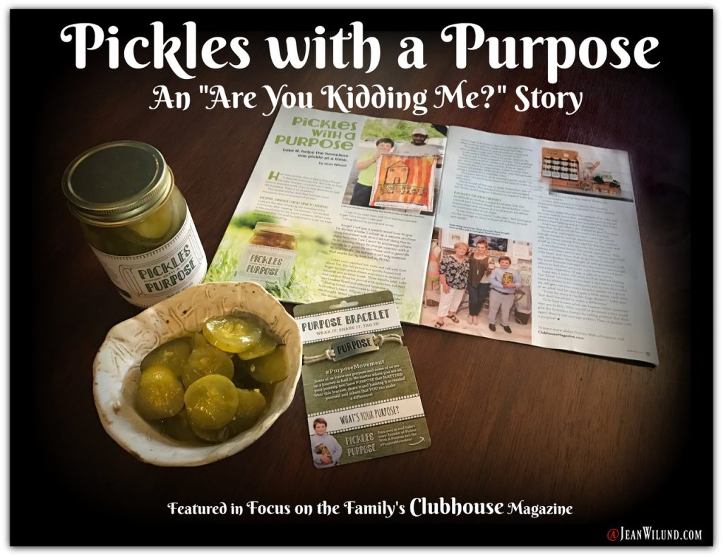 Pickles with a Purpose (An "Are You Kidding Me?" Story.) Ten-year-old Luke houses the homeless one pickle at a time, proving you can make a difference no matter your age. via www.JeanWilund.com