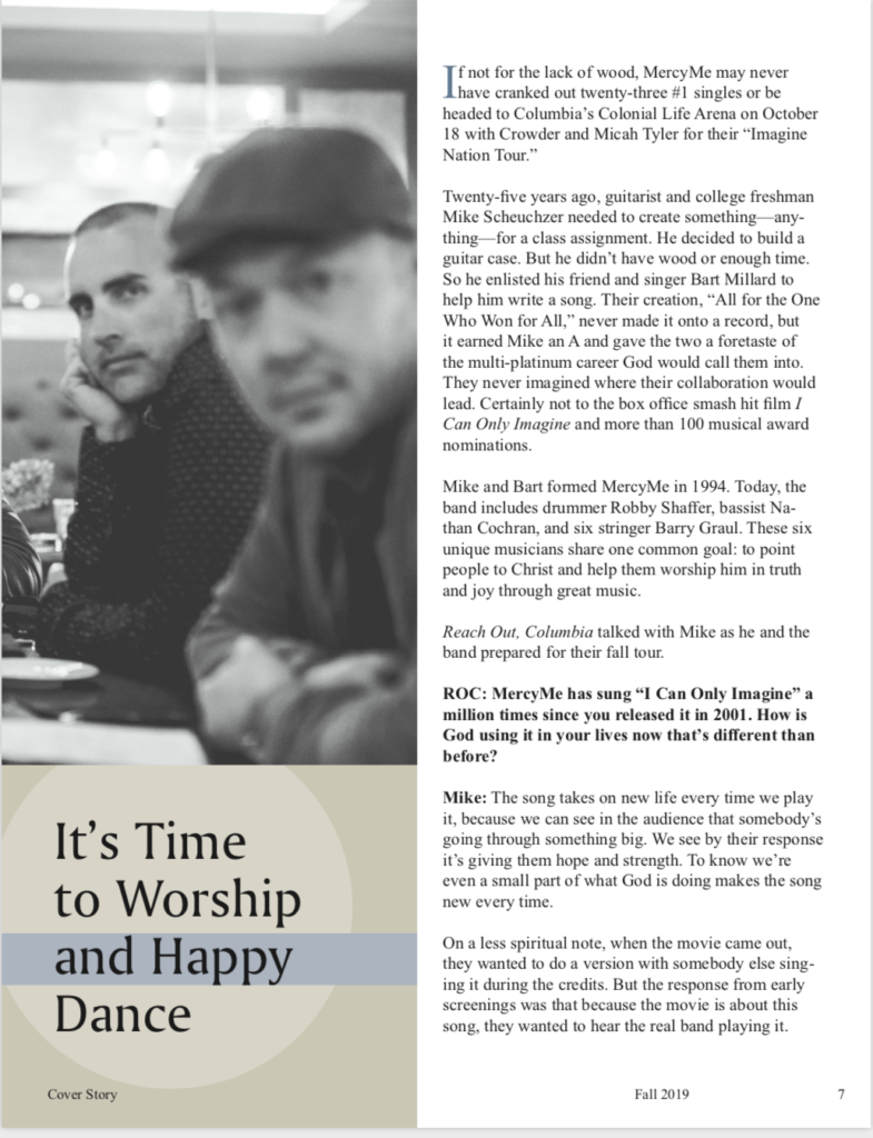 MercyMe guitarist Mike Scheuchzer talks with Jean Wilund and Reach Out, Columbia about their #1 songs I Can Only Imagine, God With Us, and other great moments.
